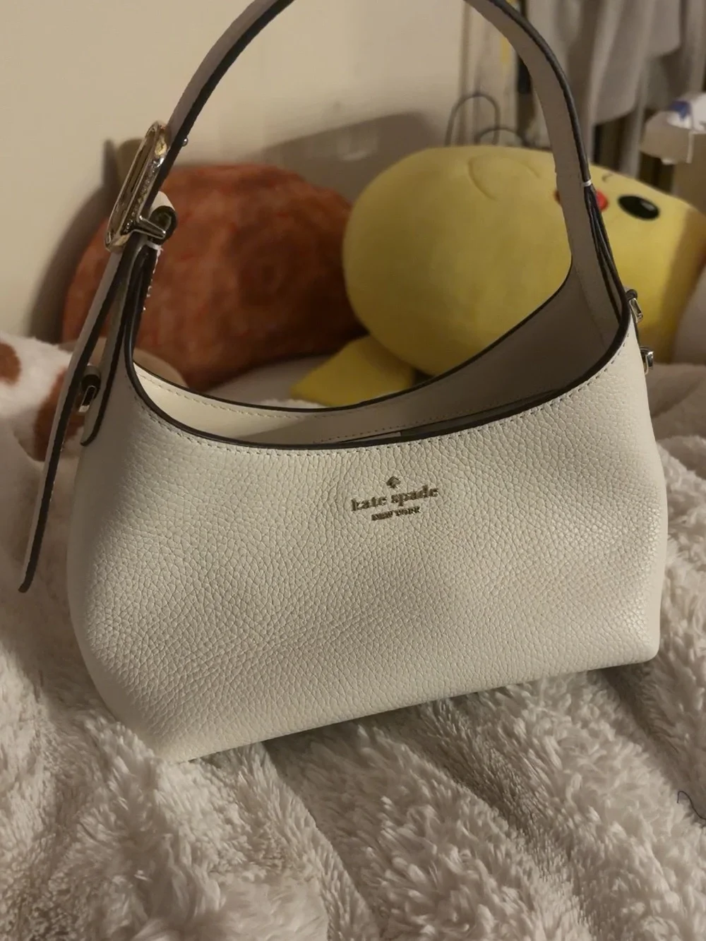 kate spade White Pebbled Leather Hobo Shoulder Bag with Tan Strap